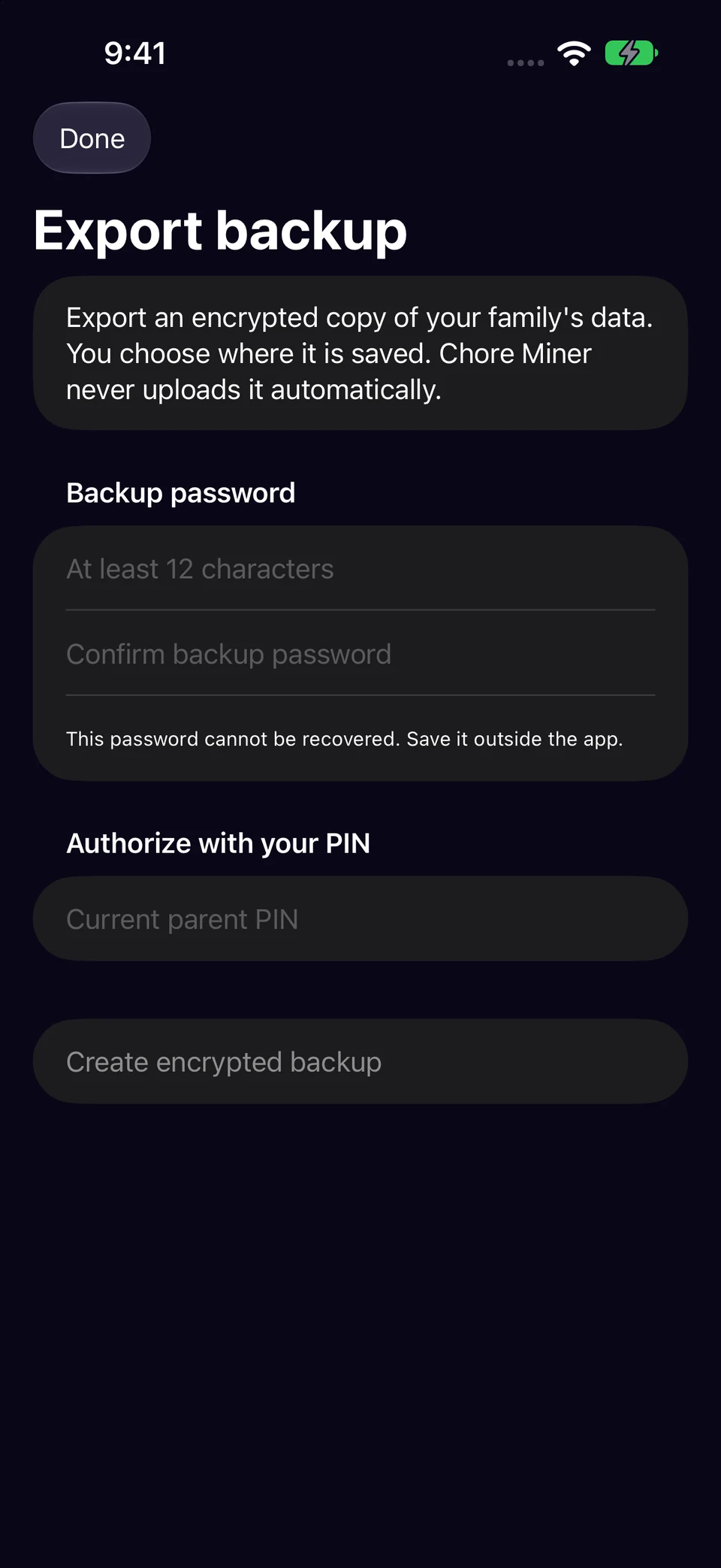 Create and save the file in Chore Miner. Screenshots use a fictional sample family.