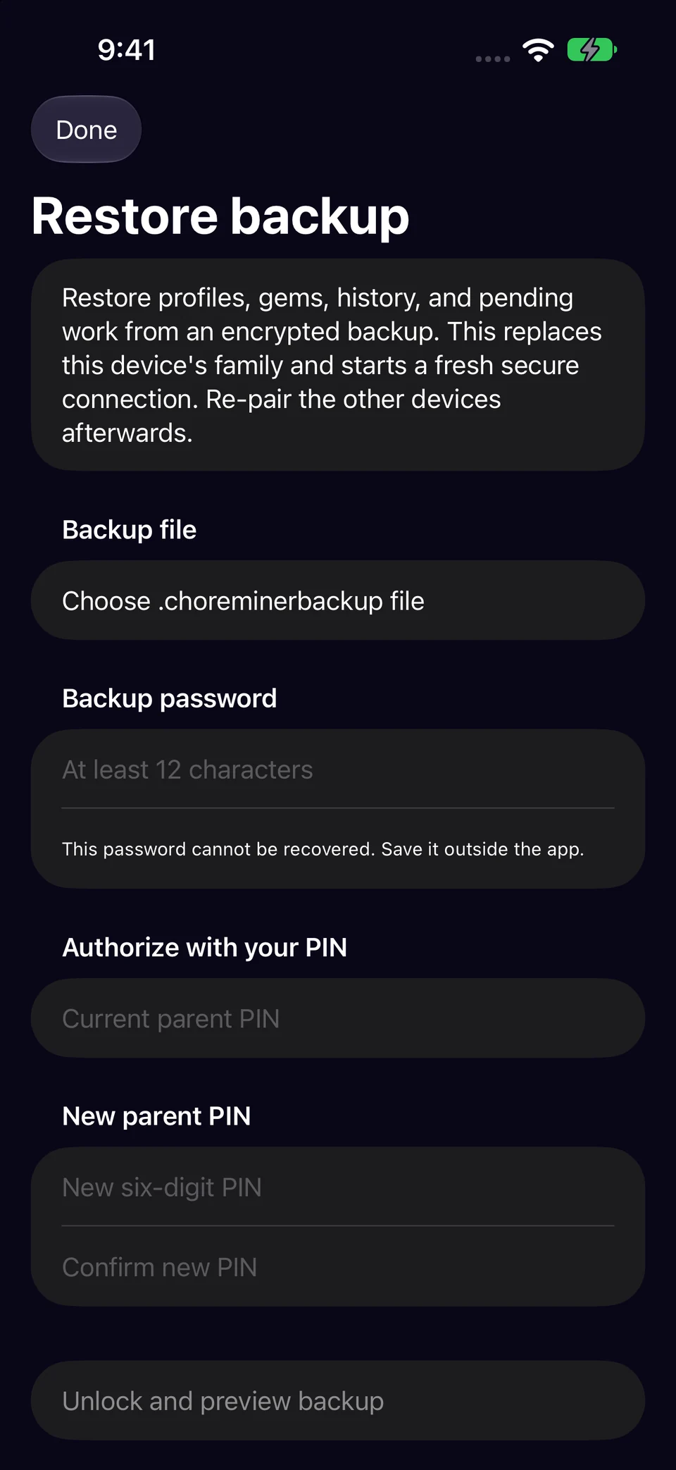 Choose and unlock the backup in Chore Miner. Screenshots use a fictional sample family.