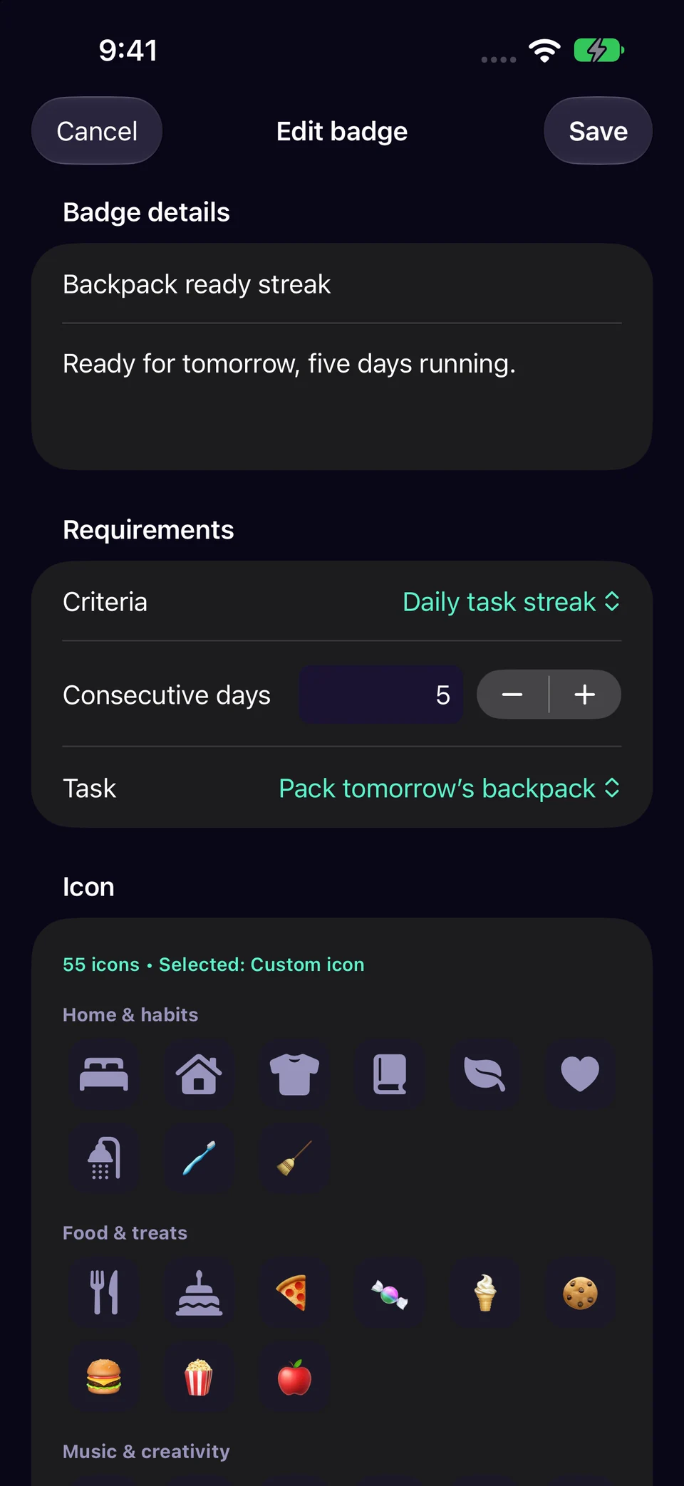 Add a badge in Chore Miner. Screenshots use a fictional sample family.