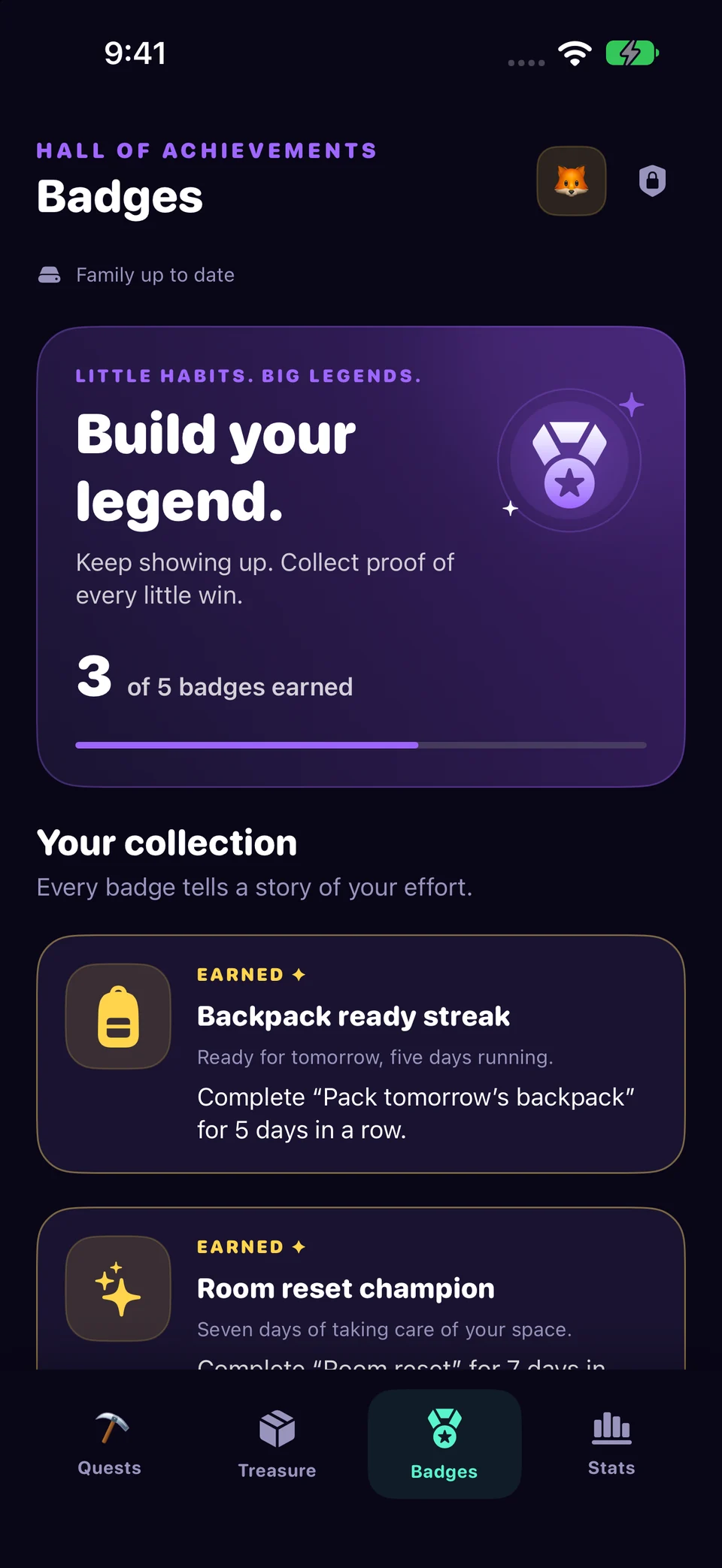 Check progress and earned badges in Chore Miner. Screenshots use a fictional sample family.
