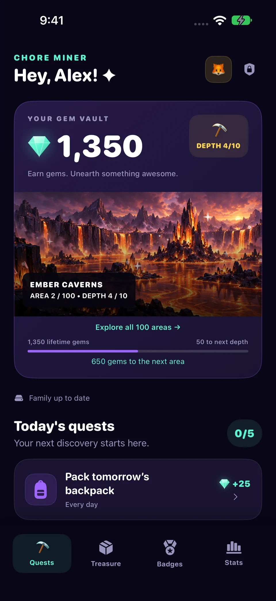 Let a child complete their quests in Chore Miner. Screenshots use a fictional sample family.