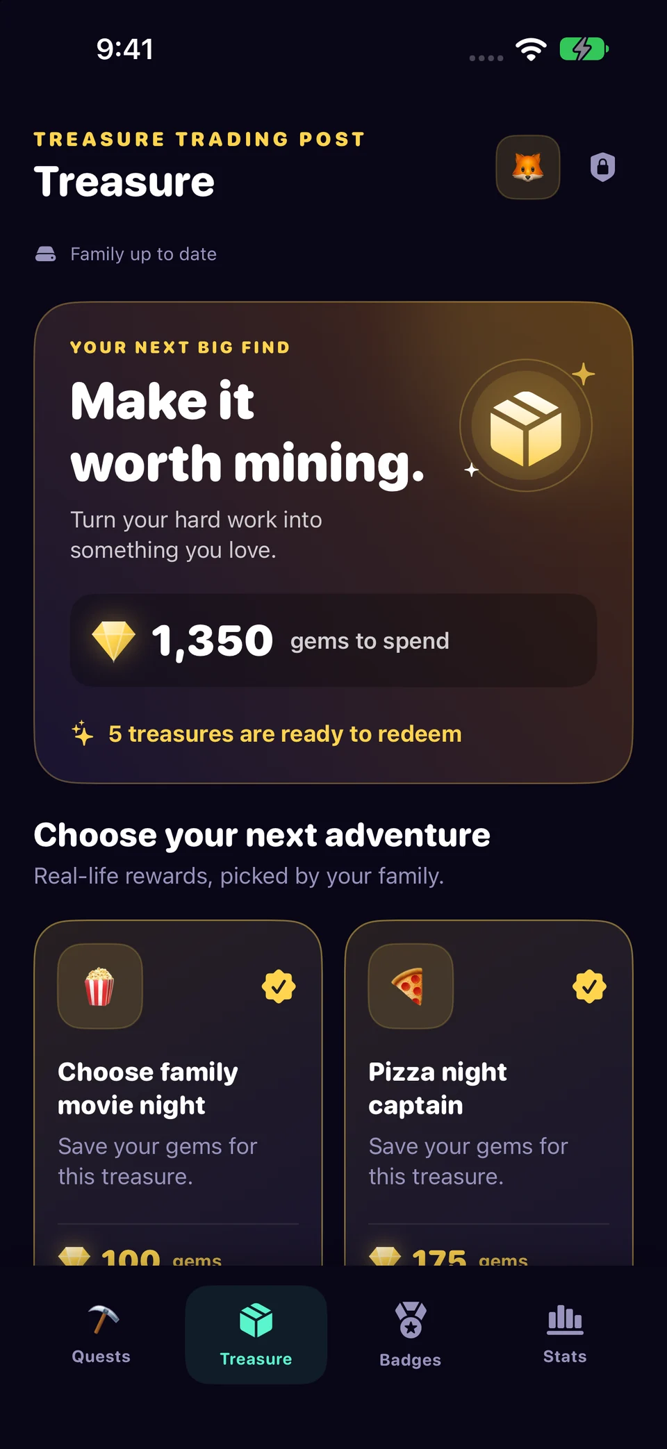 Check the child’s Treasure view in Chore Miner. Screenshots use a fictional sample family.