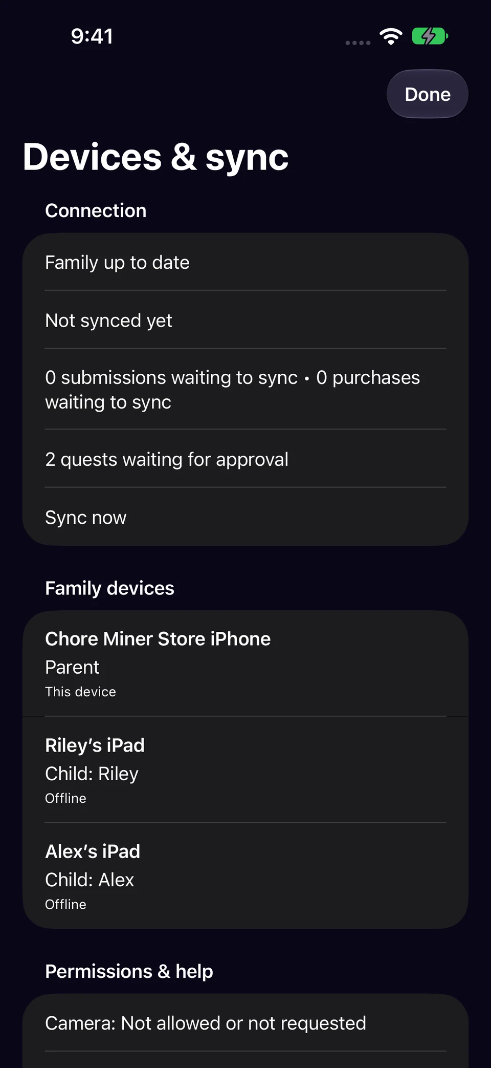 Run a nearby sync in Chore Miner. Screenshots use a fictional sample family.