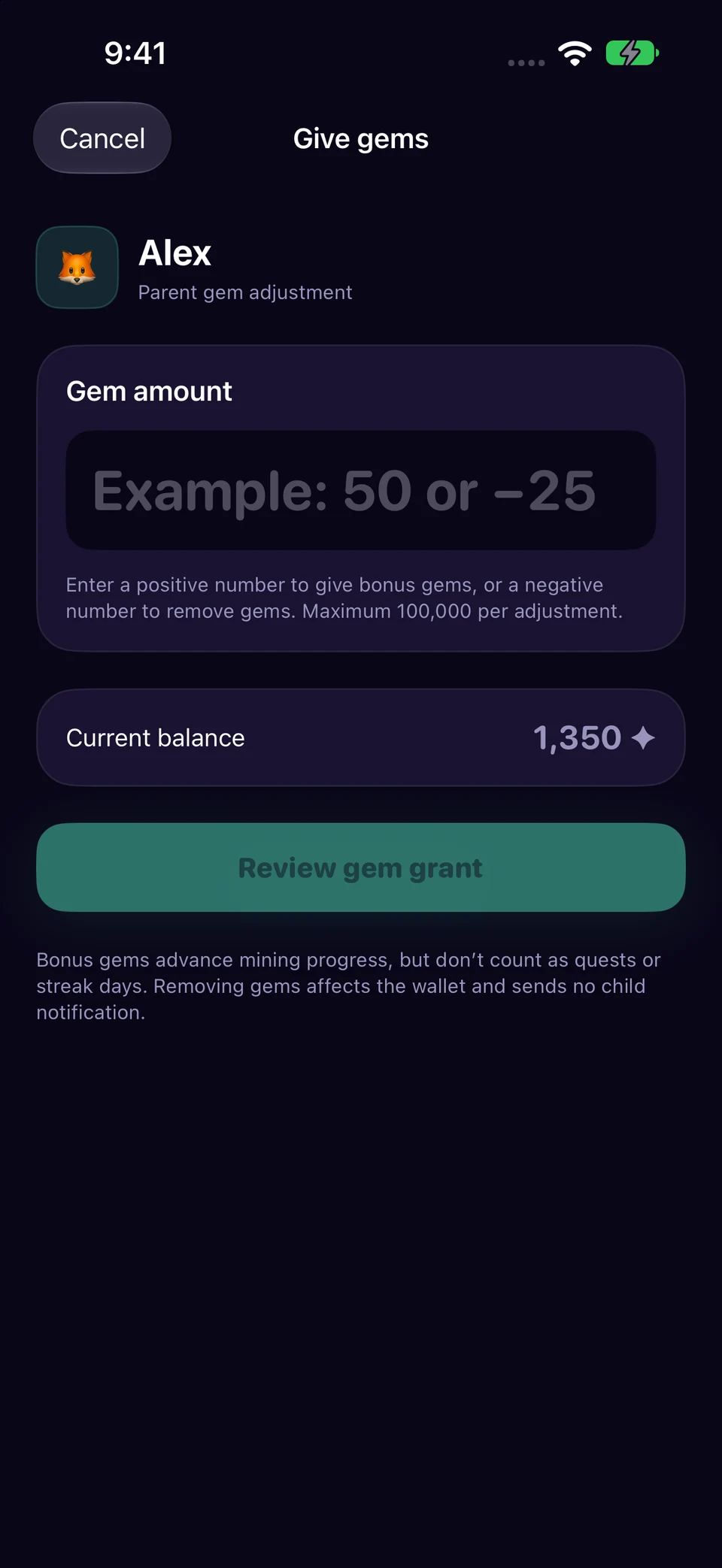 Open Give gems in Chore Miner. Screenshots use a fictional sample family.