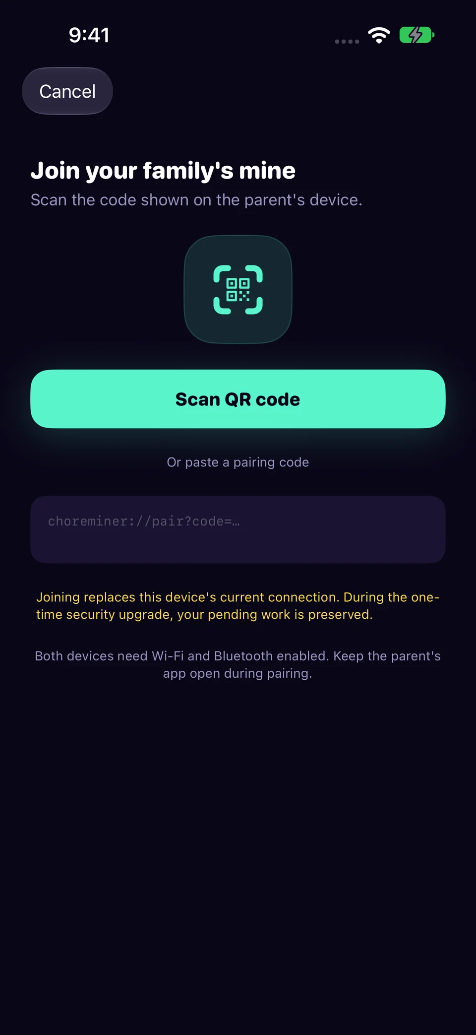 Join on the child’s device in Chore Miner. Screenshots use a fictional sample family.