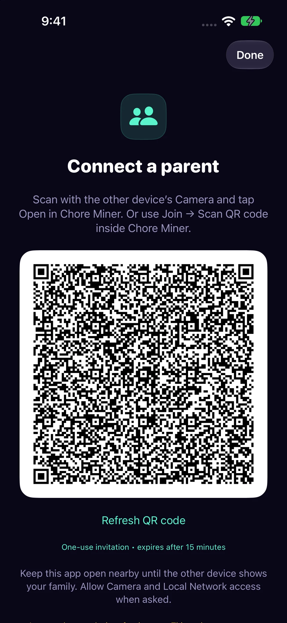The other parent scans a fresh invitation from your device.