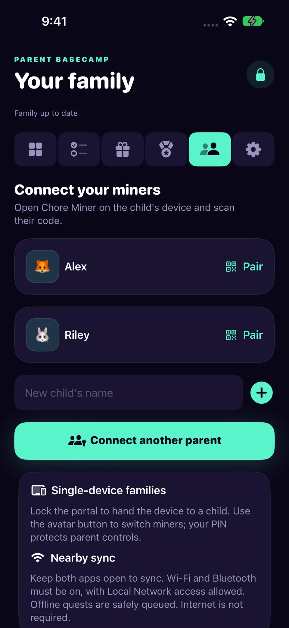 Connect both parents to one family in Chore Miner. Screenshots use a fictional sample family.