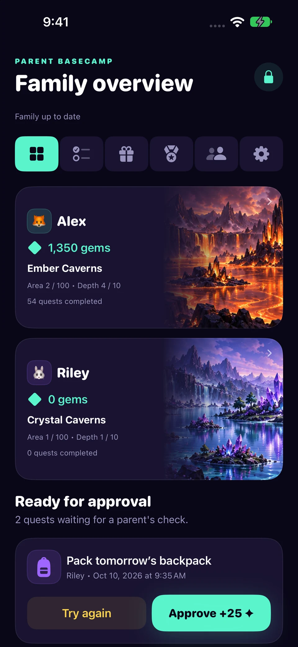 Open parent mode in Chore Miner. Screenshots use a fictional sample family.