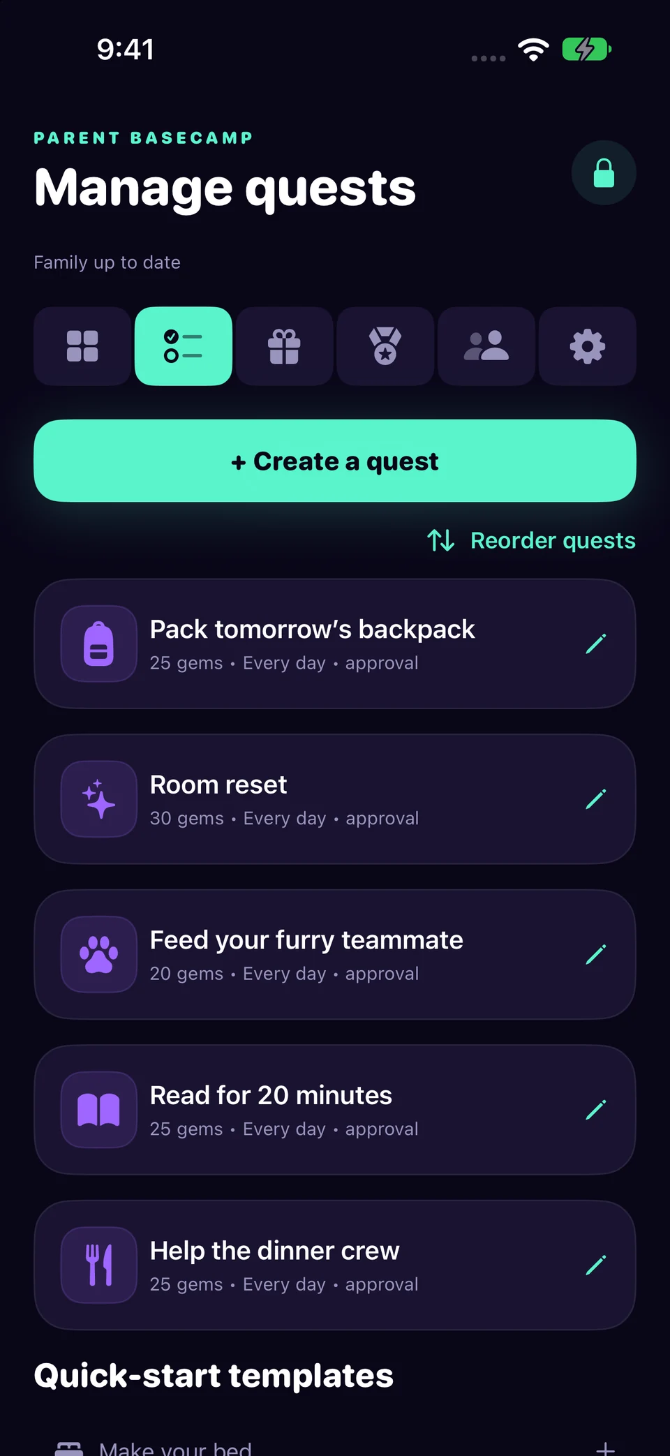 Add a quest in Chore Miner. Screenshots use a fictional sample family.