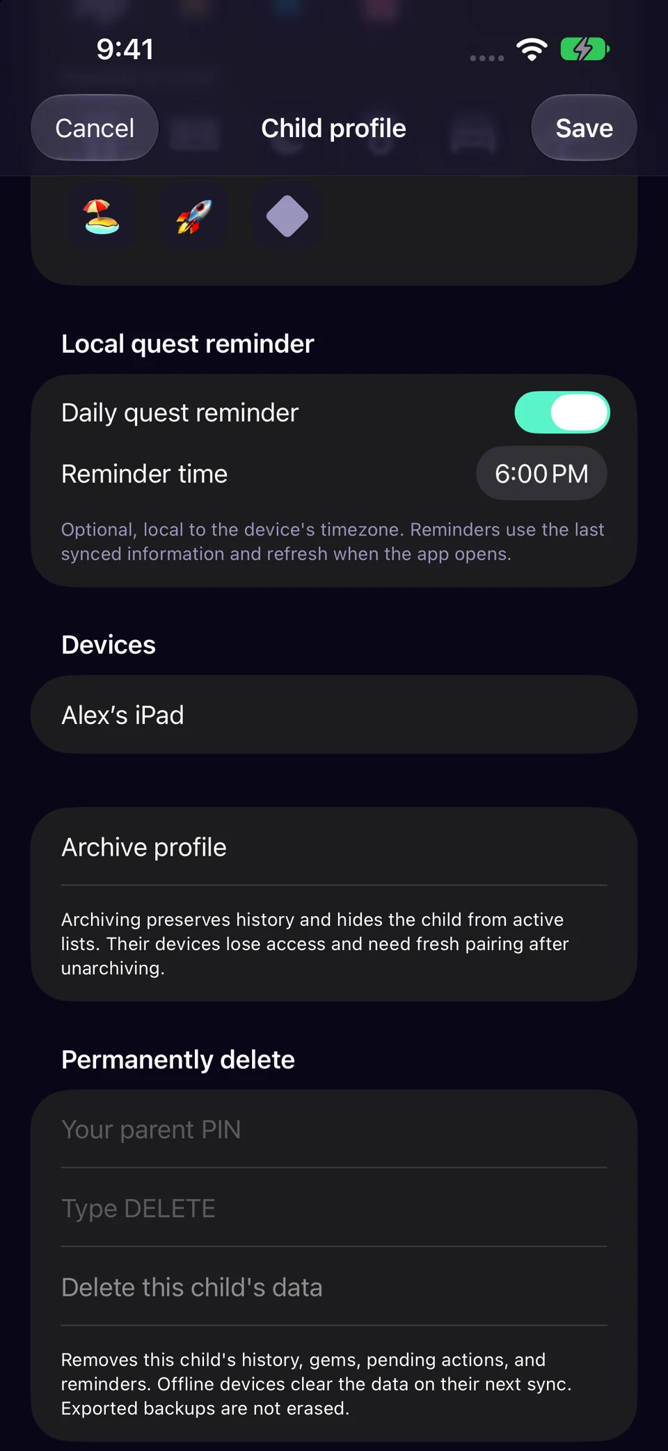 Set one daily quest reminder for a child in Chore Miner. Screenshots use a fictional sample family.