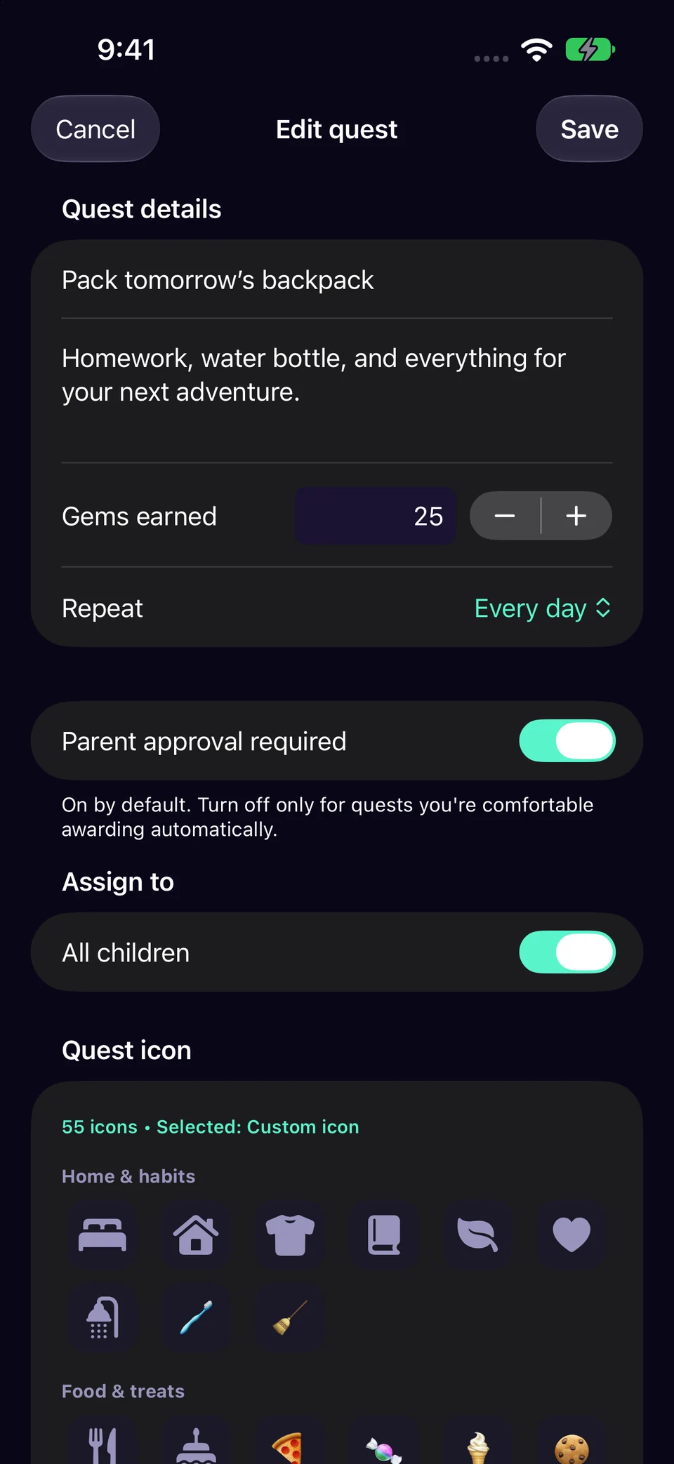 Set the schedule and assignment in Chore Miner. Screenshots use a fictional sample family.