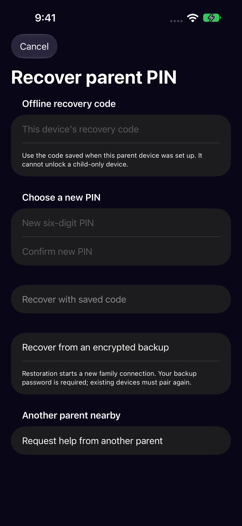 Recover with this device’s saved code in Chore Miner. Screenshots use a fictional sample family.