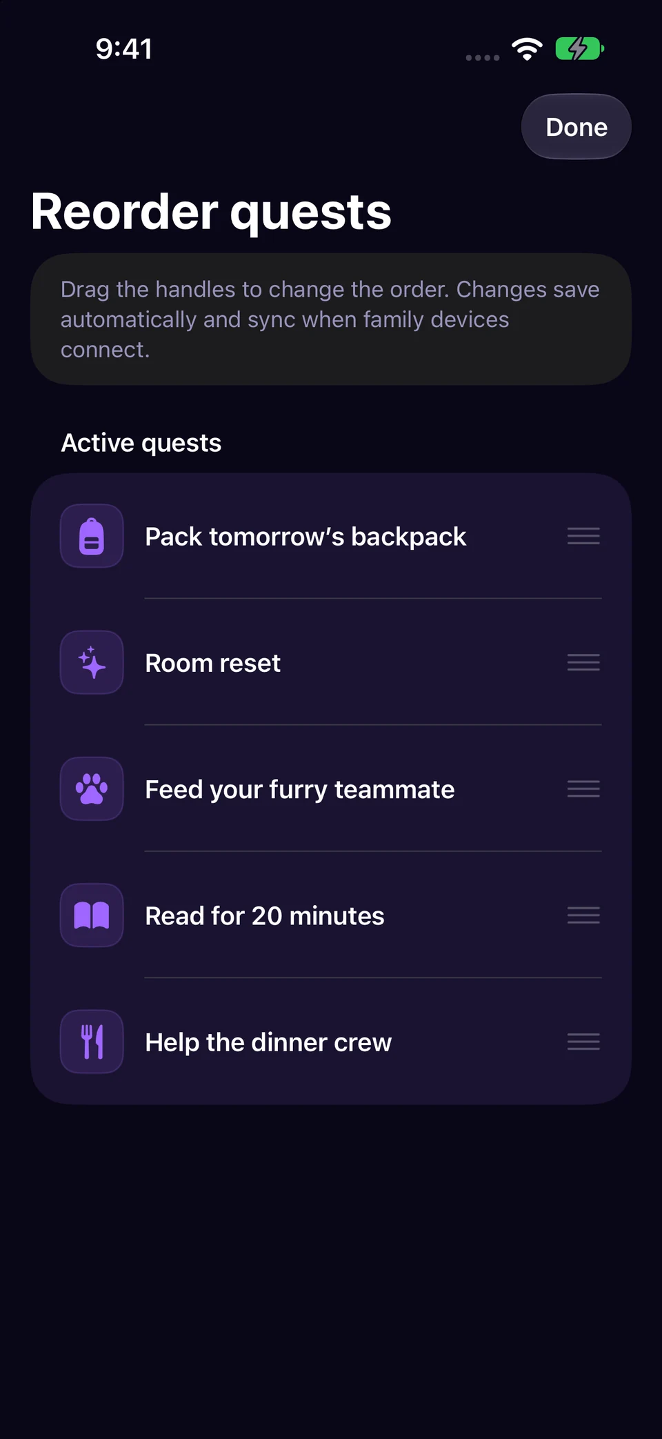 Reorder quests or badges in Chore Miner. Screenshots use a fictional sample family.