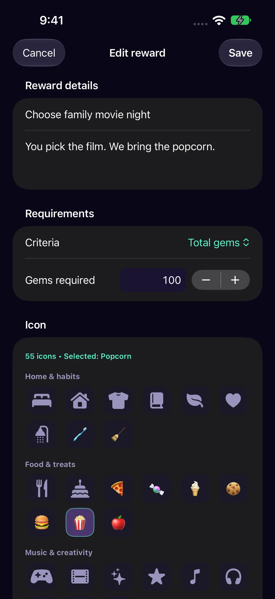 Make a reward that costs gems in Chore Miner. Screenshots use a fictional sample family.