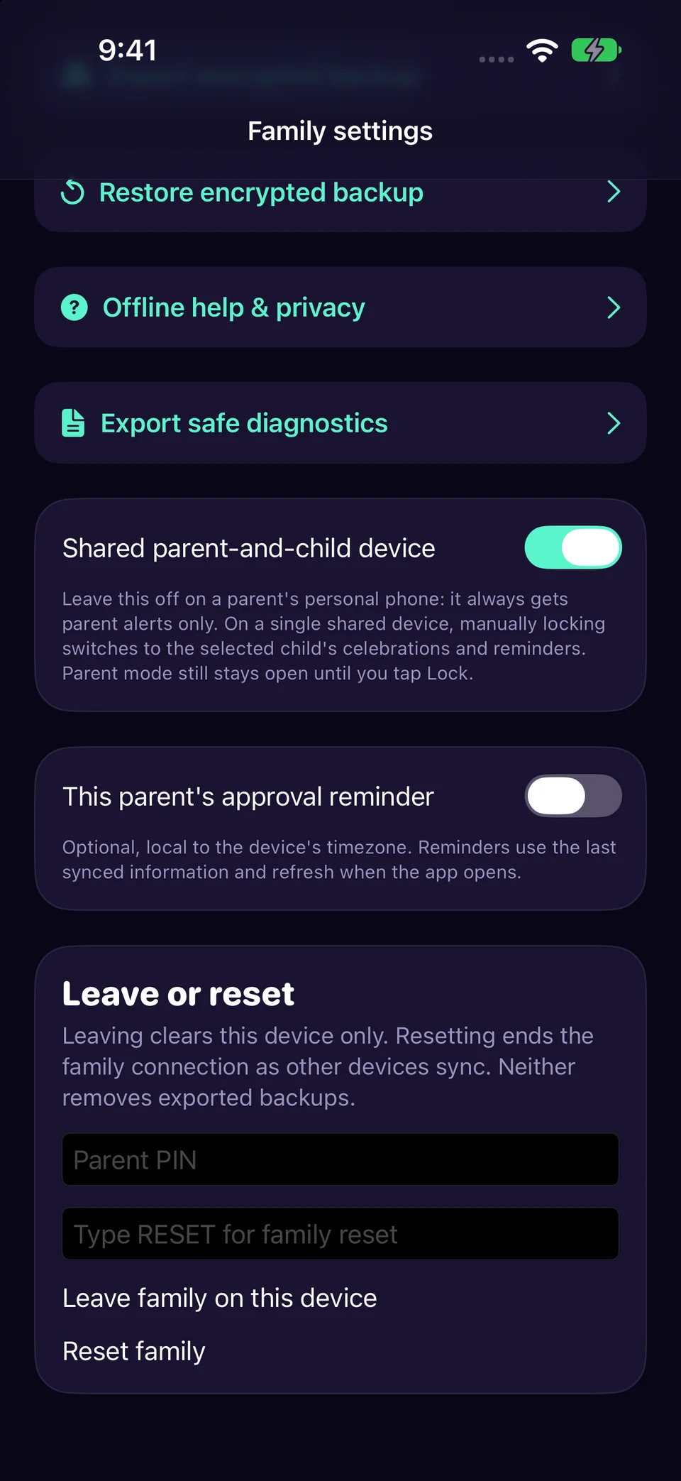 Set this parent device’s approval reminder in Chore Miner. Screenshots use a fictional sample family.