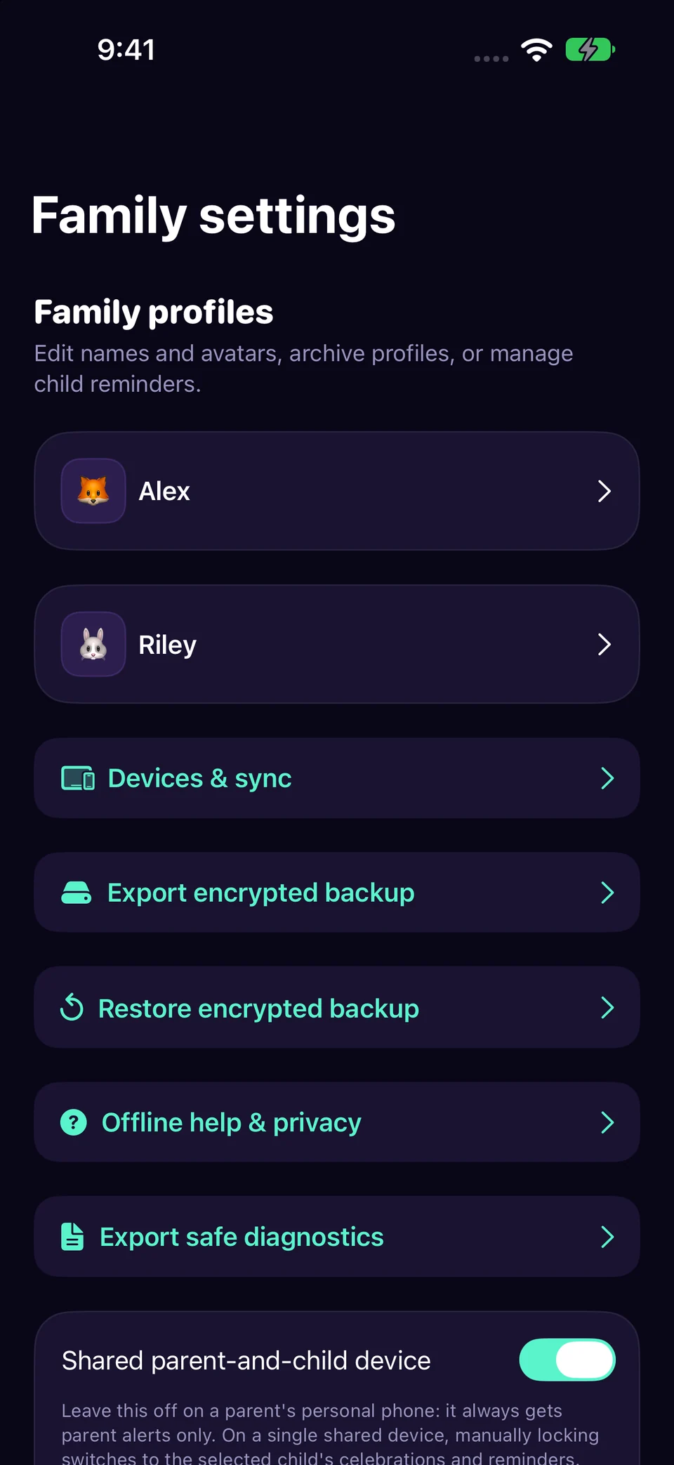 Enable shared-device use in Chore Miner. Screenshots use a fictional sample family.