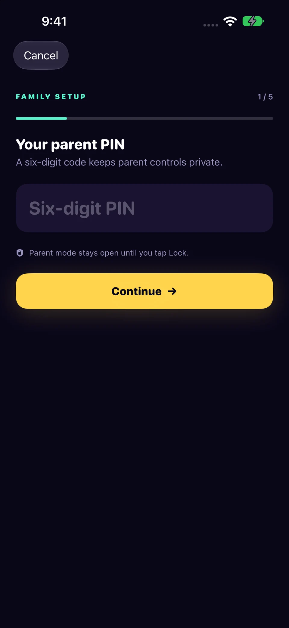 Choose your own six-digit parent PIN. No PIN is shown in this example.