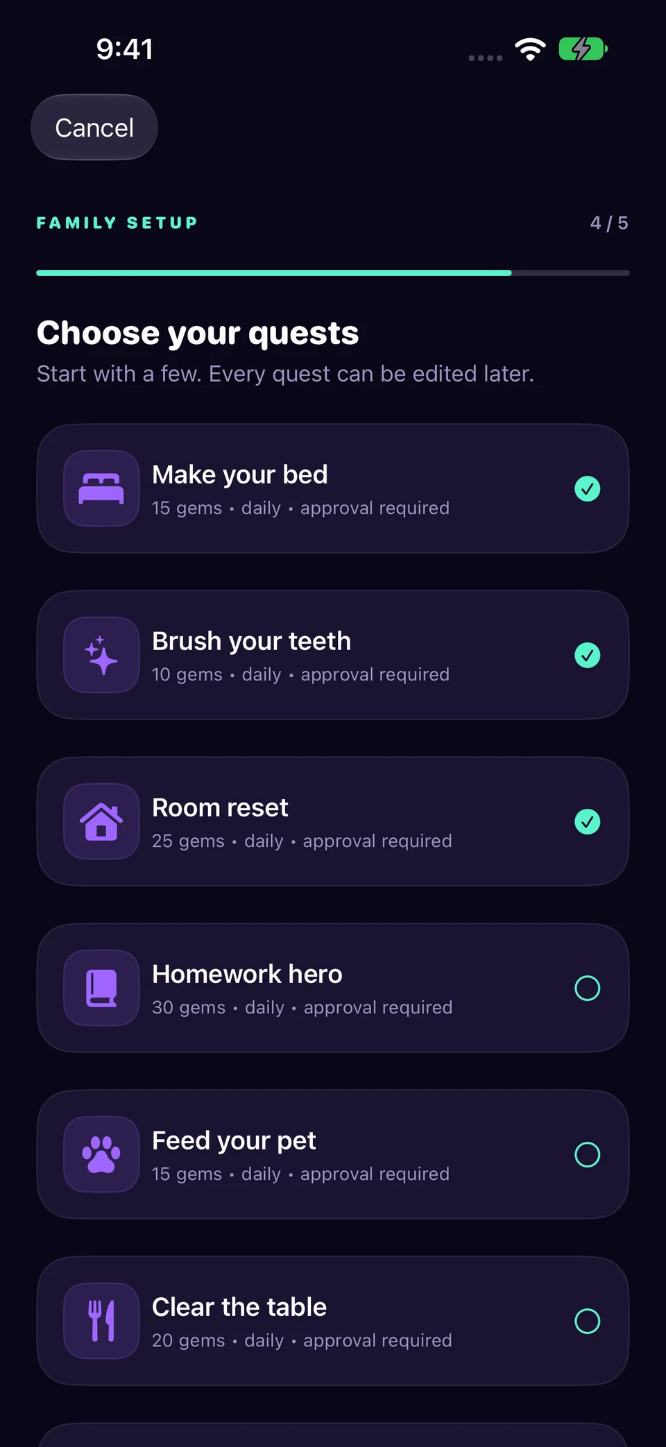 Choose a small first set of quests in Chore Miner. Screenshots use a fictional sample family.