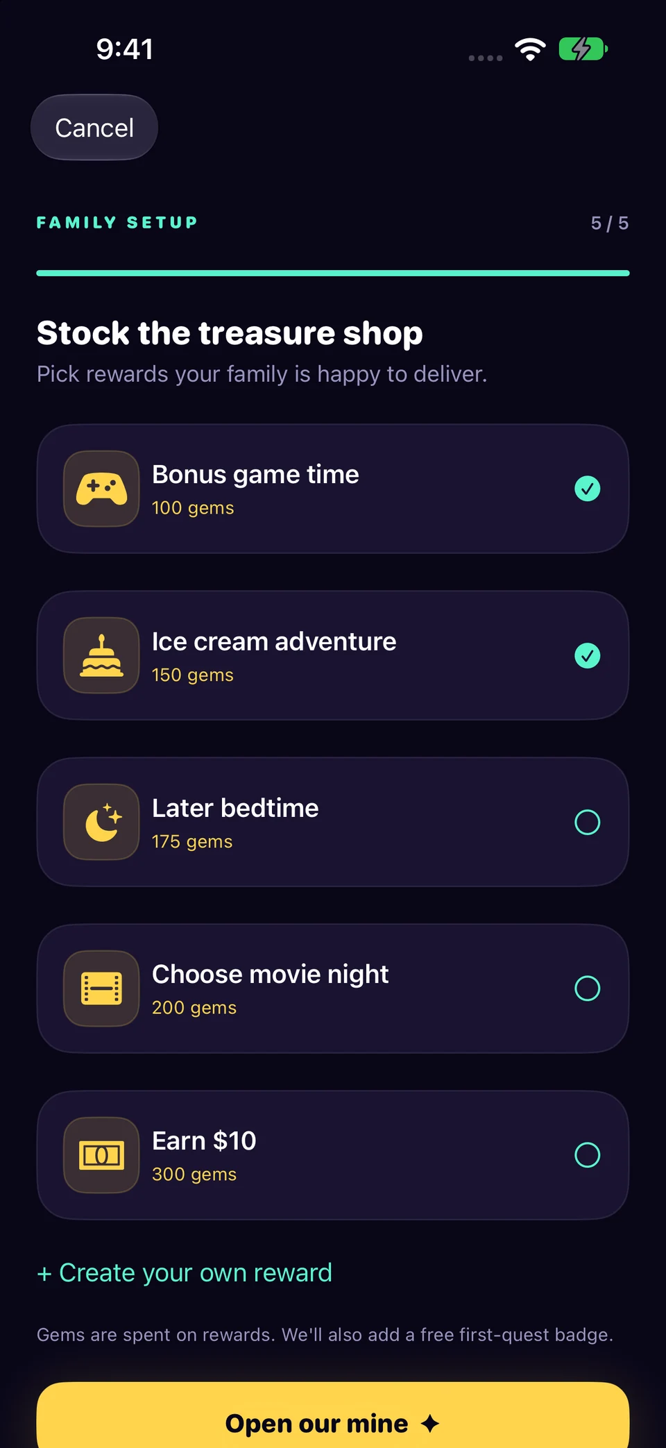 Choose rewards and finish setup in Chore Miner. Screenshots use a fictional sample family.