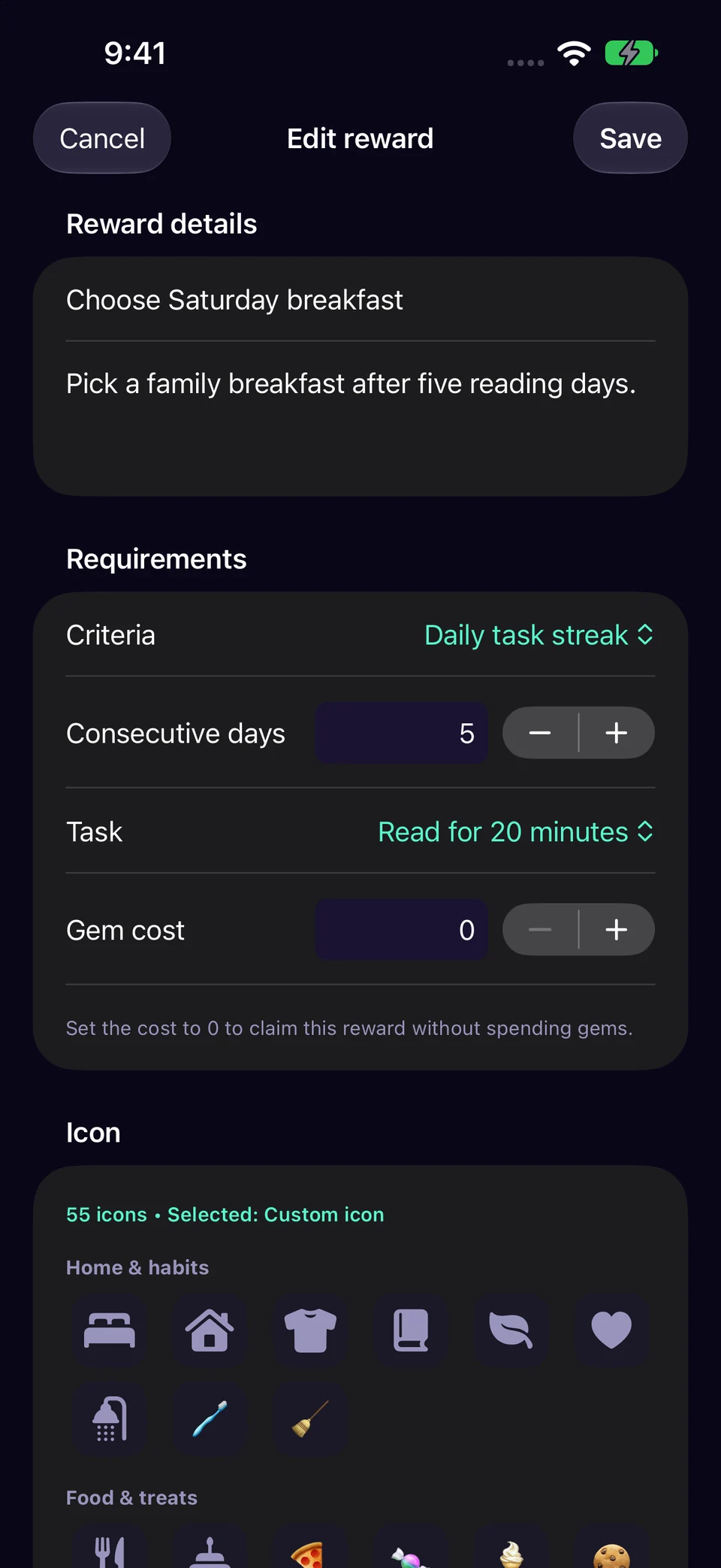 Make a streak or completion-count reward in Chore Miner. Screenshots use a fictional sample family.